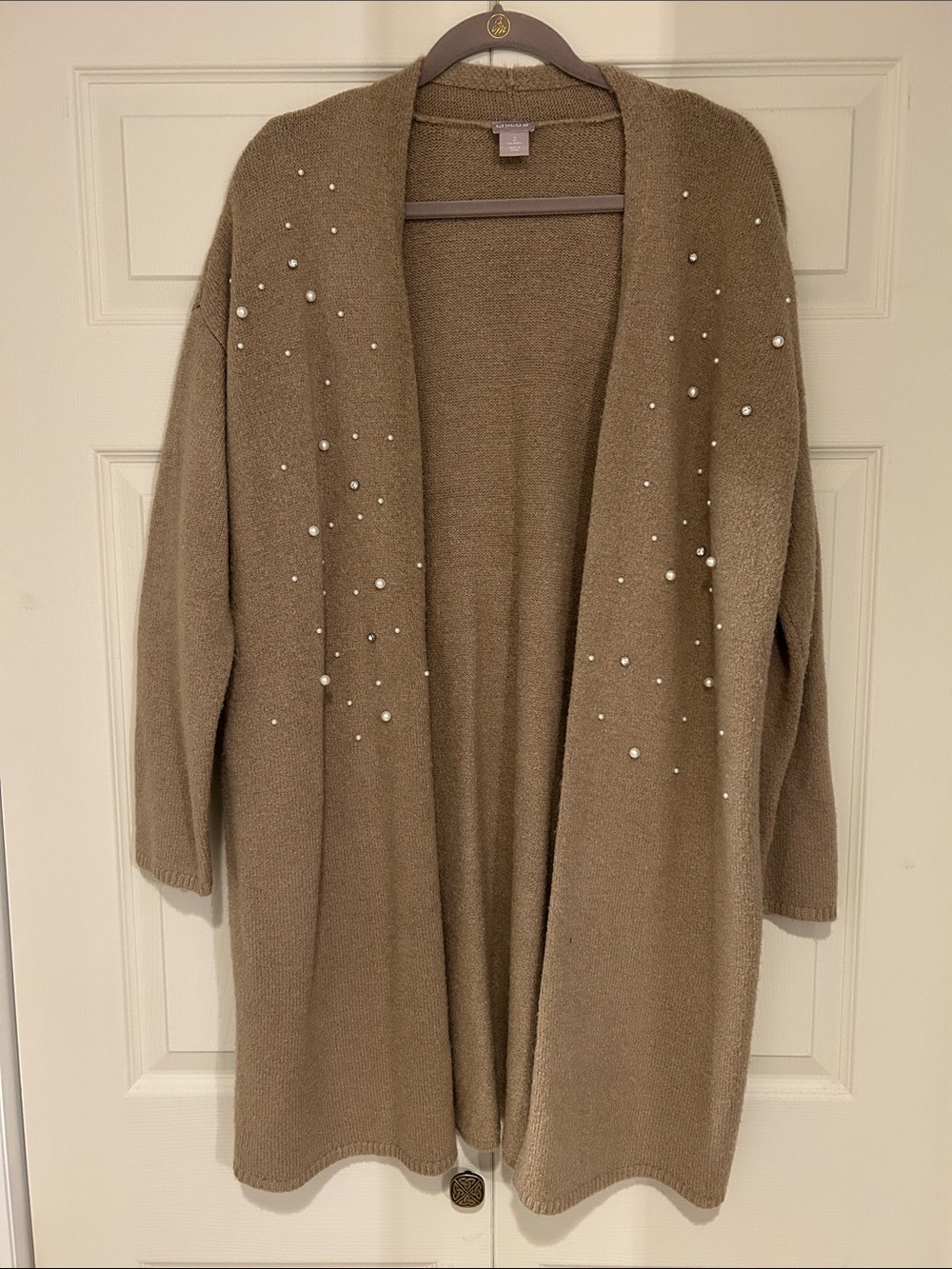 Chicoโs Cozy Taupe Open-Front Cardigan with Pearl Accent